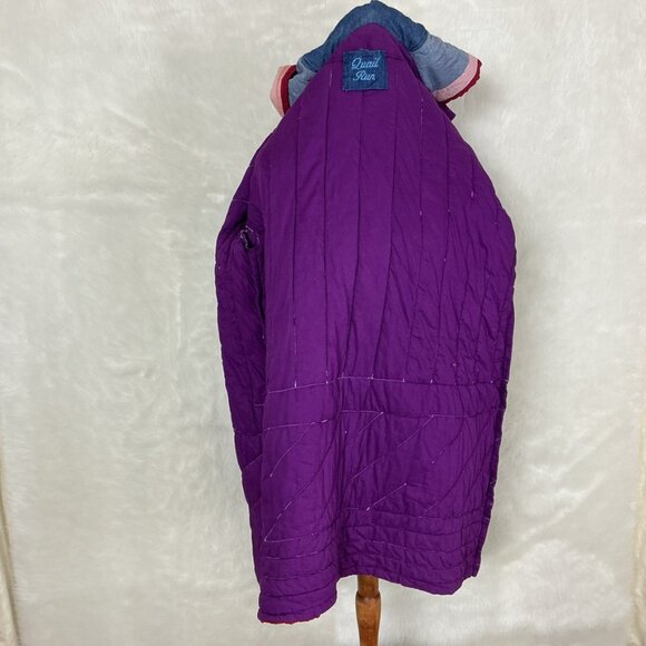 Vintage 80s 90s Denim Hooded Sun Embroidered Patchwork Denim Quilted Jacket L - Picture 11 of 12